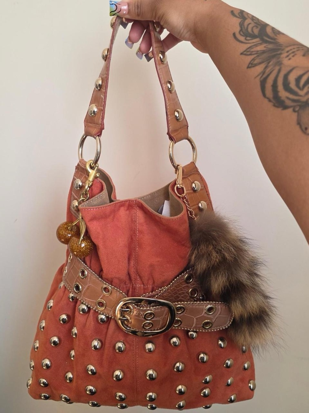 Kathy Van Zeeland Orange Suede Shoulder Bag with Studs